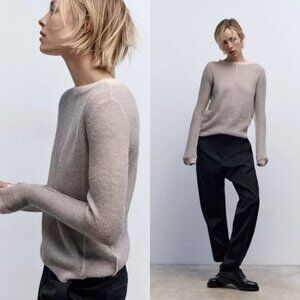 Zara Pearl Grey & Pink Alpaca Wool Blend Crewneck Sweater